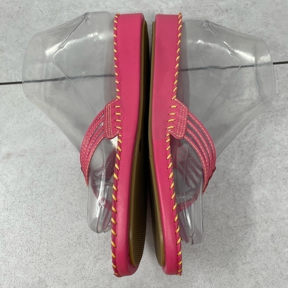 Gianni Bini Pink Strappy Flat Thong Sandals Yellow Stitching Leather Size 6 - Picture 4 of 8